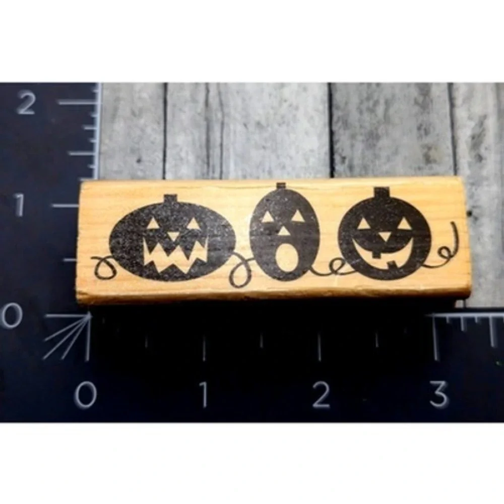 Craft Smart Row Jack-O-Lanterns Pumpkins Rubber Stamp Wood #i15